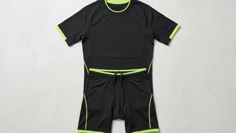Black gym top and training shorts with neon green contrast piping, laid flat on a light floor