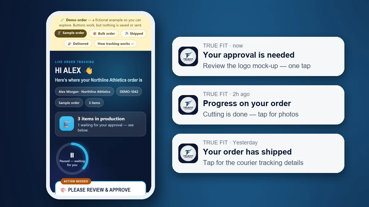 A True Fit order tracking page on a phone next to three order notifications: approval needed, progress update and order shipped