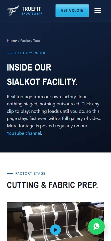 The factory tour page on a phone, showing the page header and the first video tile