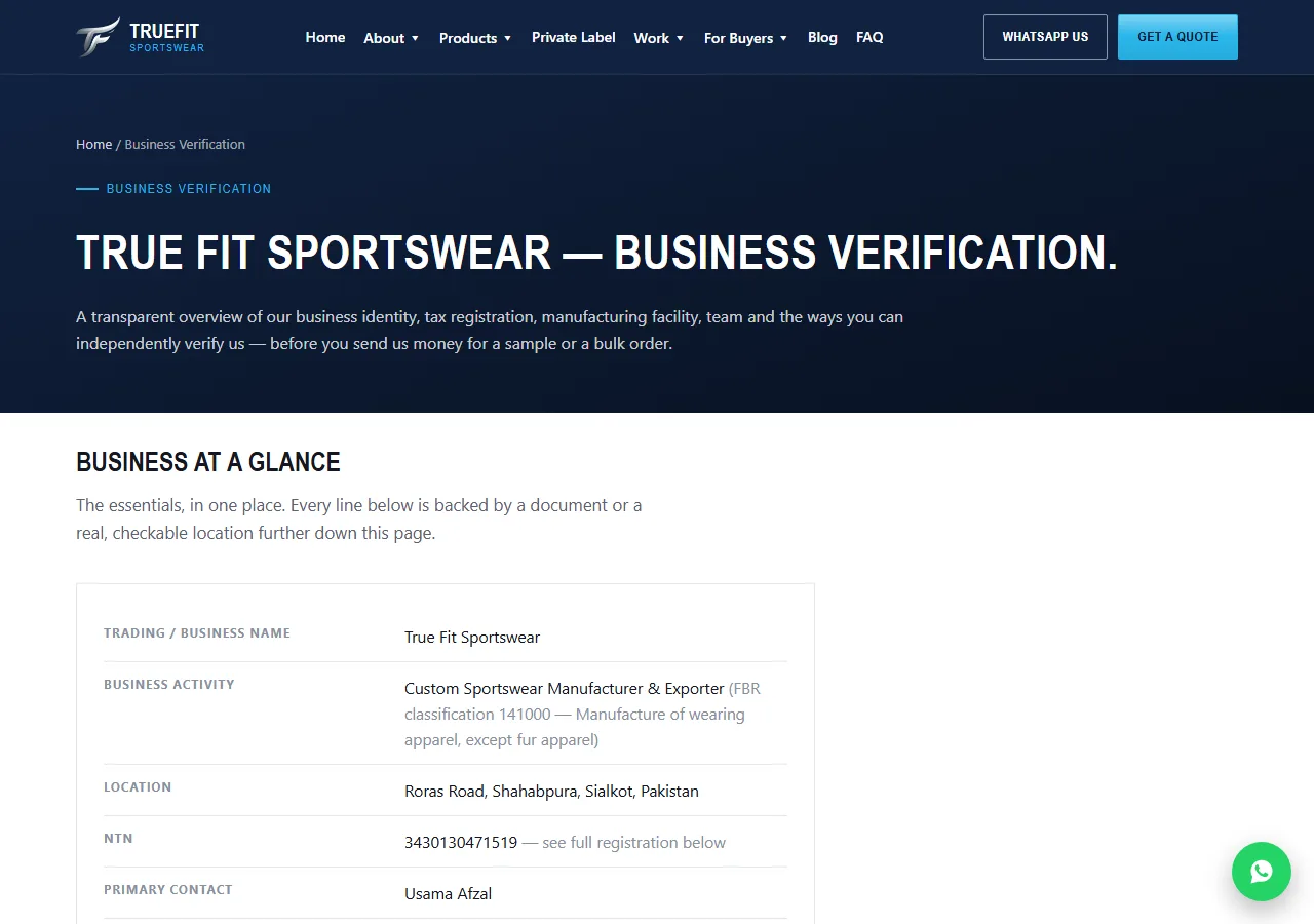 The Business Verification page on truefitsportswear.com, showing the business name, FBR classification, location and NTN at a glance