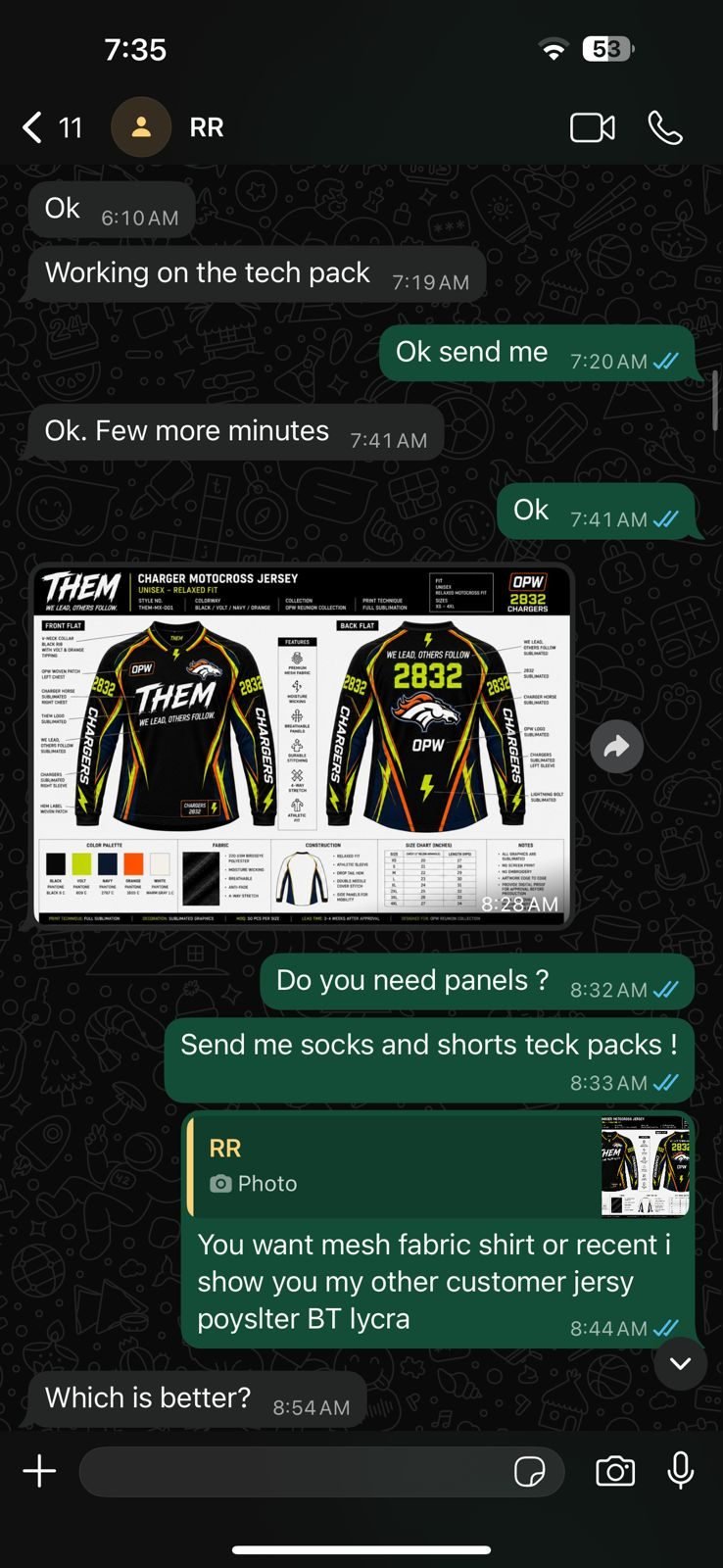 Real WhatsApp conversation with the client: tech pack request and reply