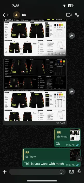 A real tech pack exchanged with a client over WhatsApp, front and back flats with measurements