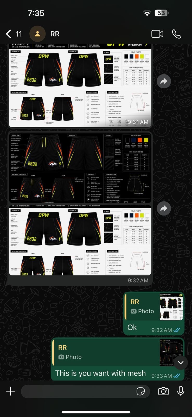 Real WhatsApp exchange: shorts tech pack and mesh fabric confirmation