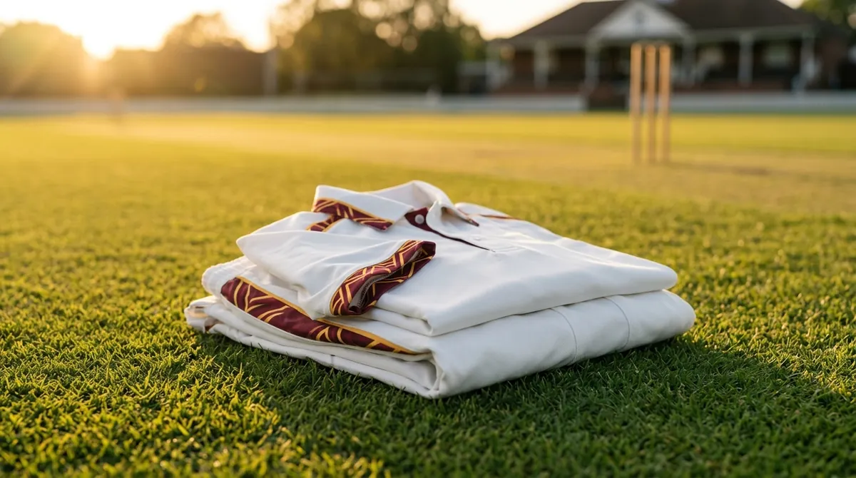 Folded white cricket shirt and trousers with maroon and gold sublimated trim resting on the grass beside a cricket pitch