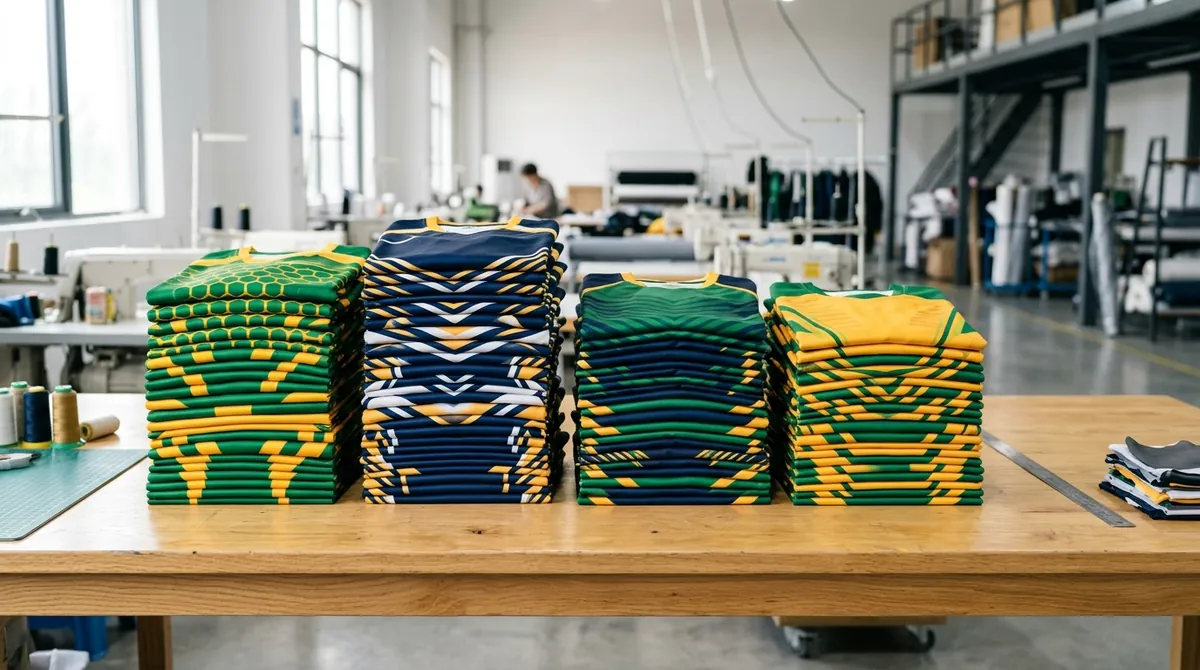 Stacks of neatly folded custom sublimated team jerseys in green, gold and navy on a workbench in a bright sportswear factory