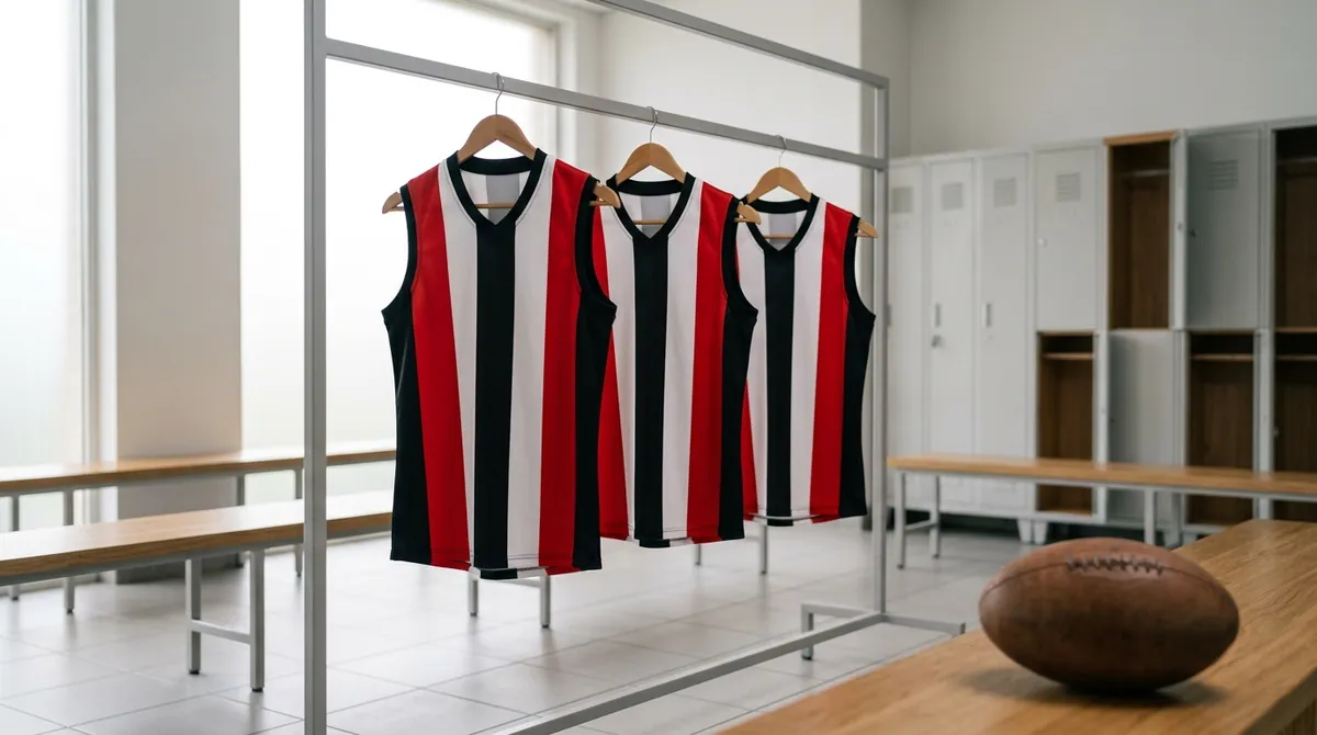 Three sleeveless red, black and white striped Australian rules football guernseys hanging on a rack in a club locker room