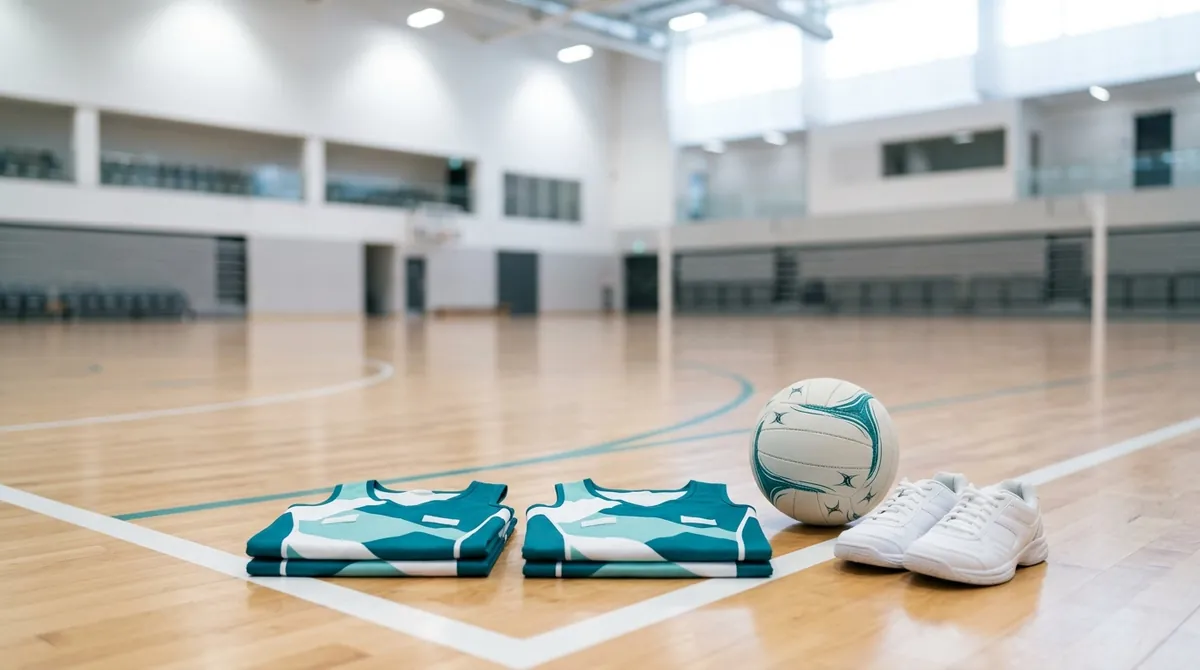 Two teal and white netball dresses folded on a wooden court floor beside a netball and white court shoes