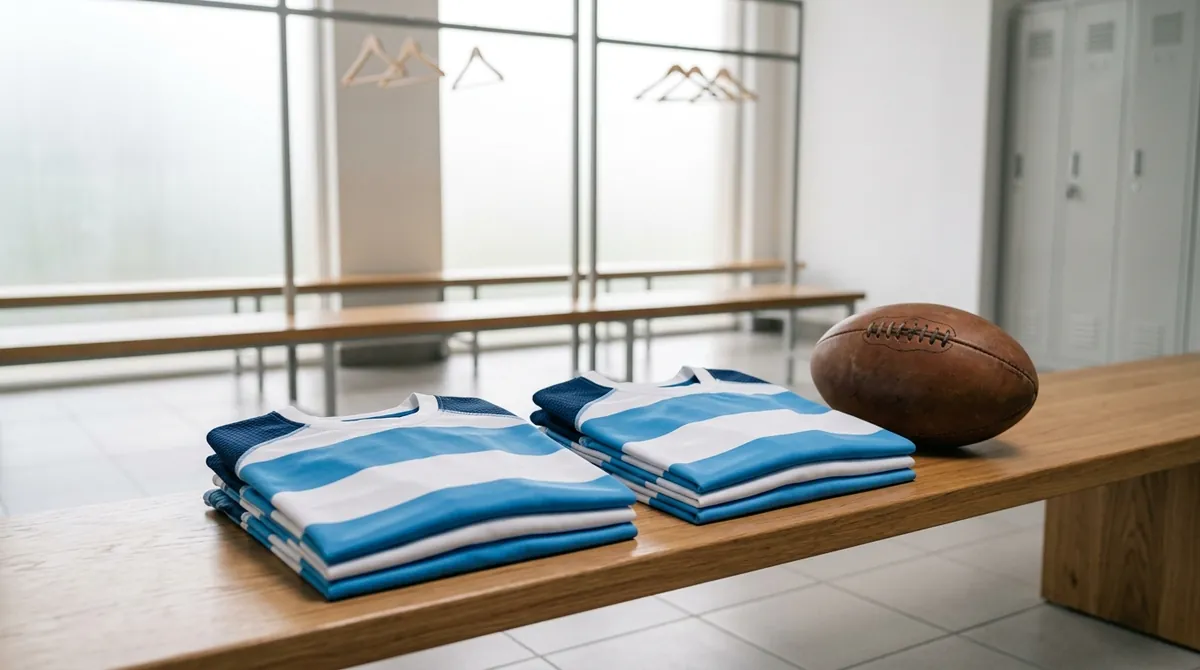 Two folded sky blue and white hooped rugby jerseys on a wooden bench in a changing room, with a rugby ball beside them