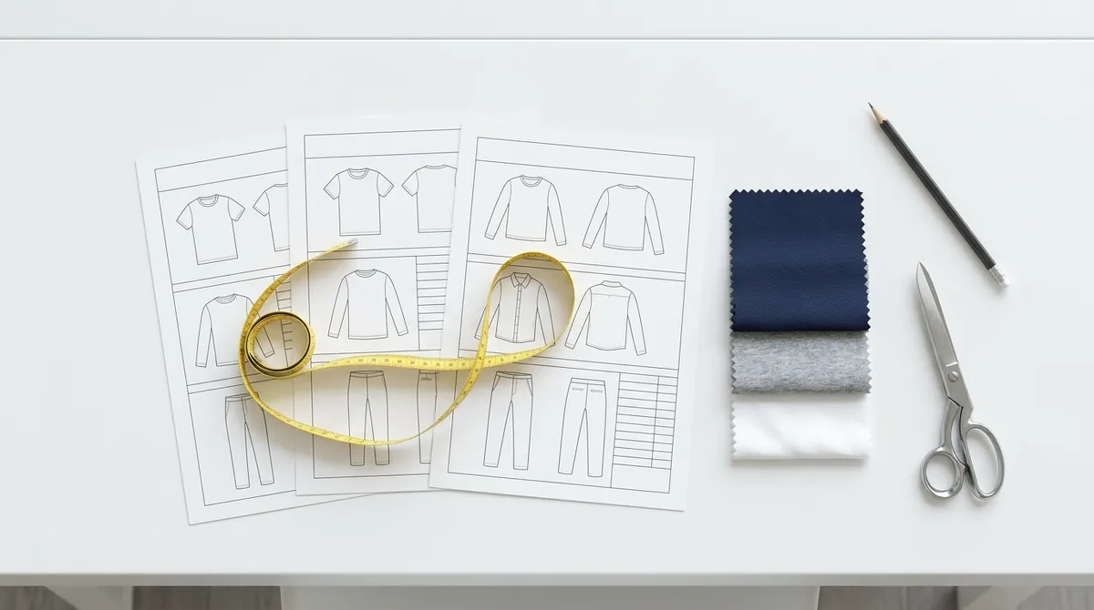 Blank garment spec sheets, a yellow measuring tape, fabric swatches, a pencil and scissors flat on a white desk