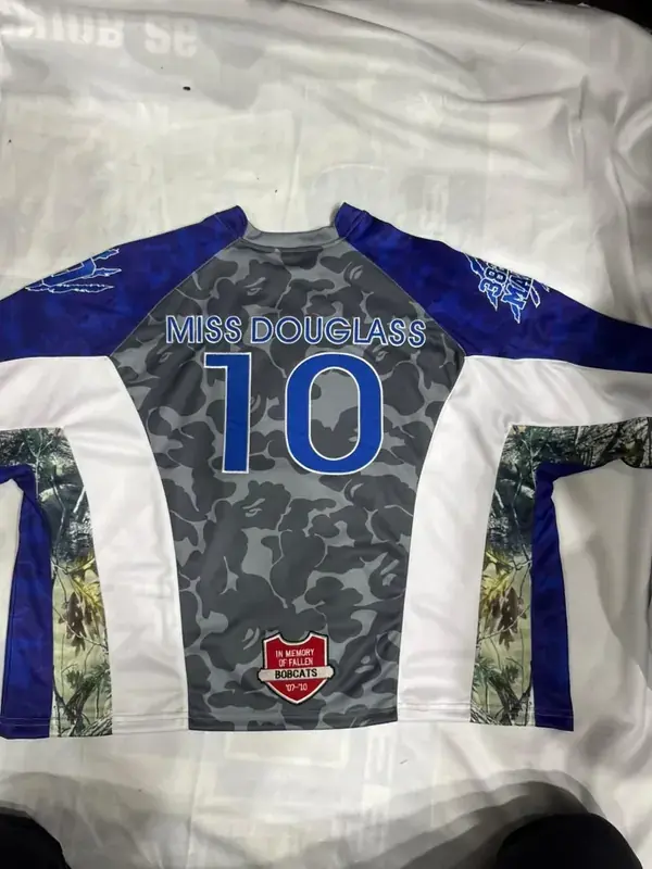 Custom camo long-sleeve crew jersey, back, with player name and number