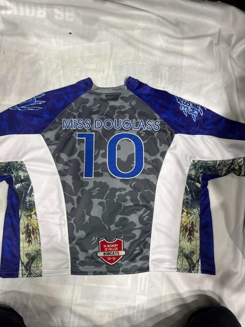 Custom camo long-sleeve crew jersey, back, with player name and number