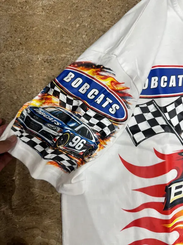Custom alumni tribute tee, front, racing-themed graphic