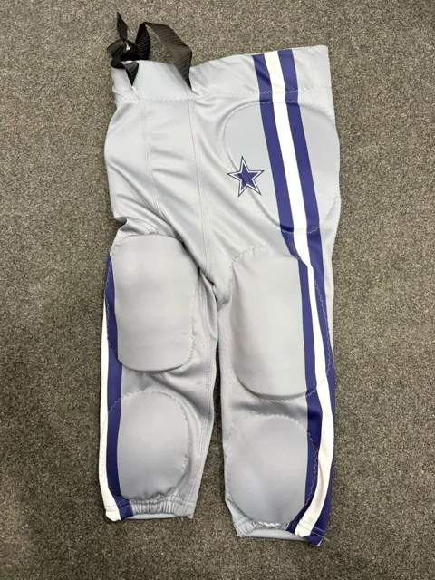 Custom padded American football game pants, grey with navy and white side stripes and star logo
