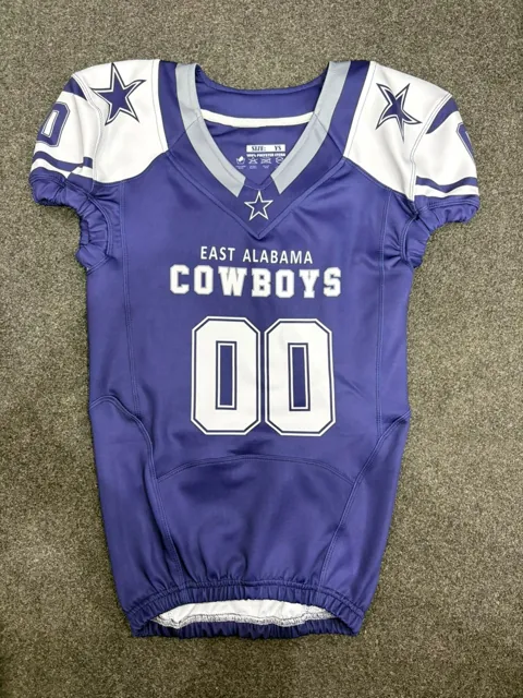 Custom sublimated American football jersey, navy-purple with white sleeves and numbering, East Alabama Cowboys, front
