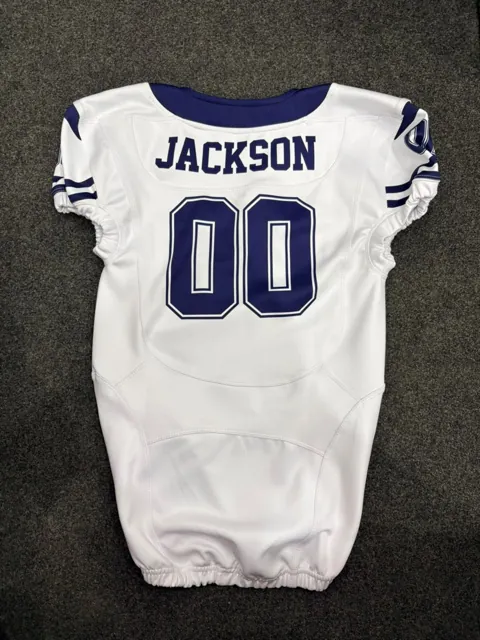 Custom sublimated American football jersey, white with navy player name and number, back view