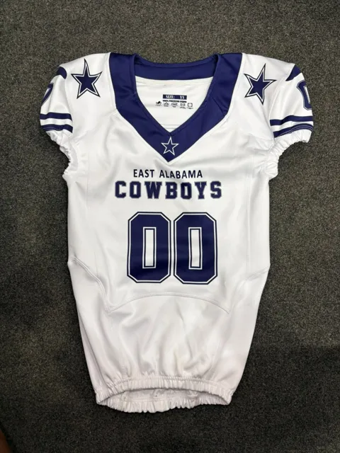 Custom sublimated American football jersey, white with navy V-neck, star graphics and East Alabama Cowboys wordmark, front