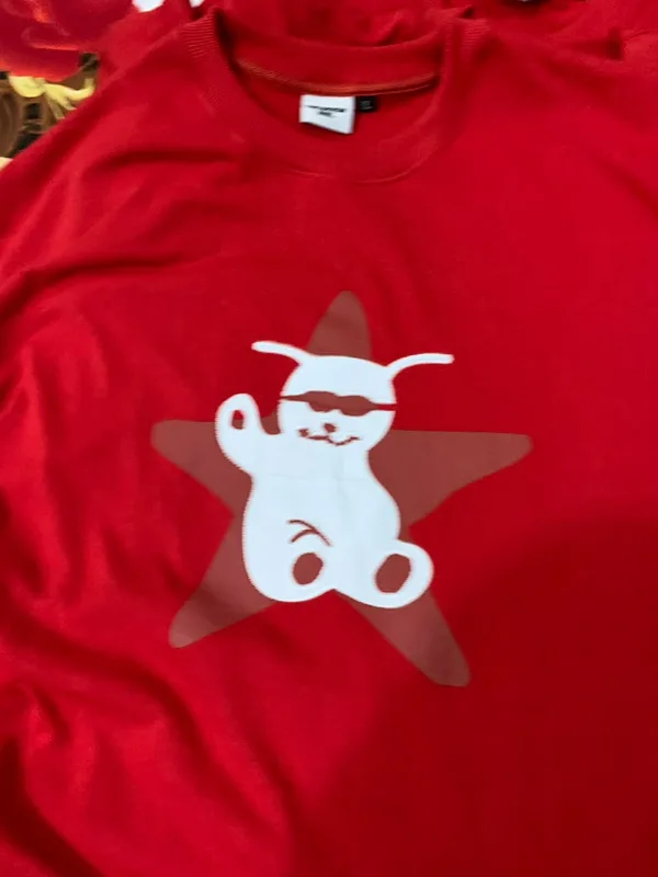Custom screen-printed graphic t-shirt, red colorway, bear and star mascot print, "Gettin' Faded" brand