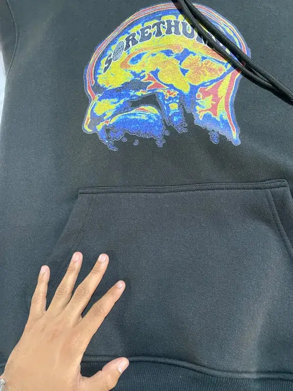 Custom pullover hoodie, charcoal colorway, colourful brain illustration back print, "Sore Thumb" brand