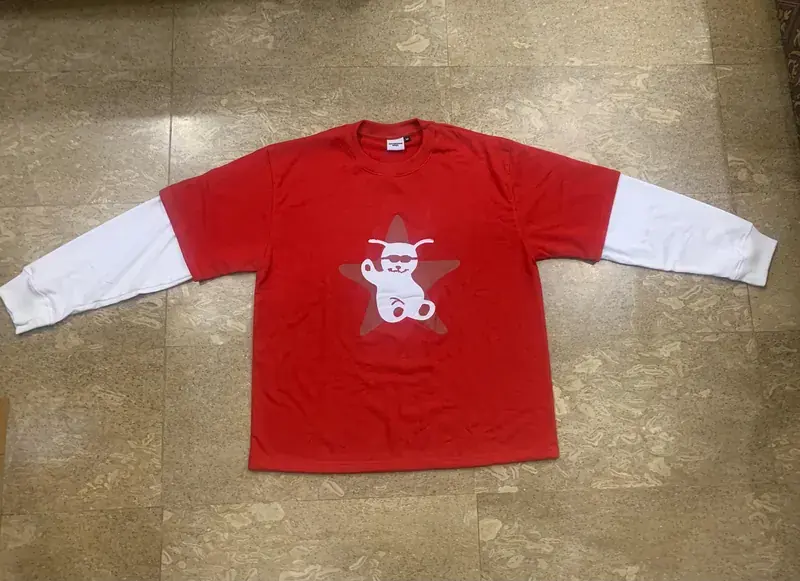 Custom streetwear graphic tee, red colorway, front