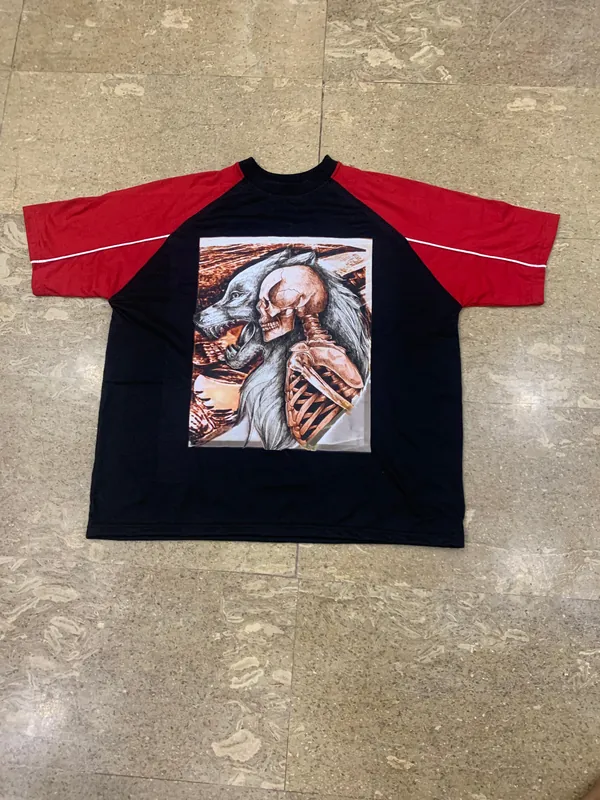 Custom streetwear graphic tee with wolf and skull print