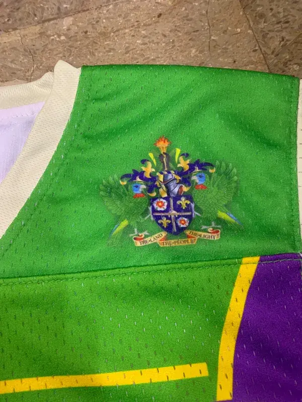 Custom lacrosse jersey collar and crest embroidery detail, green and purple colorway