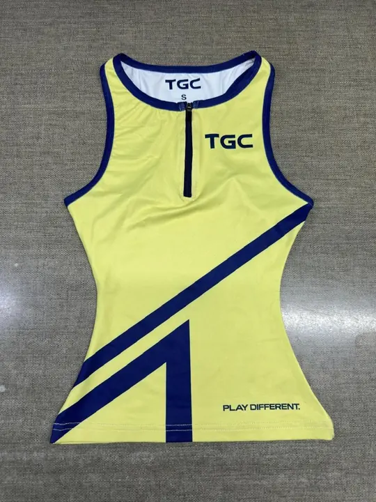 Custom yellow zip-neck training tank with a navy diagonal stripe
