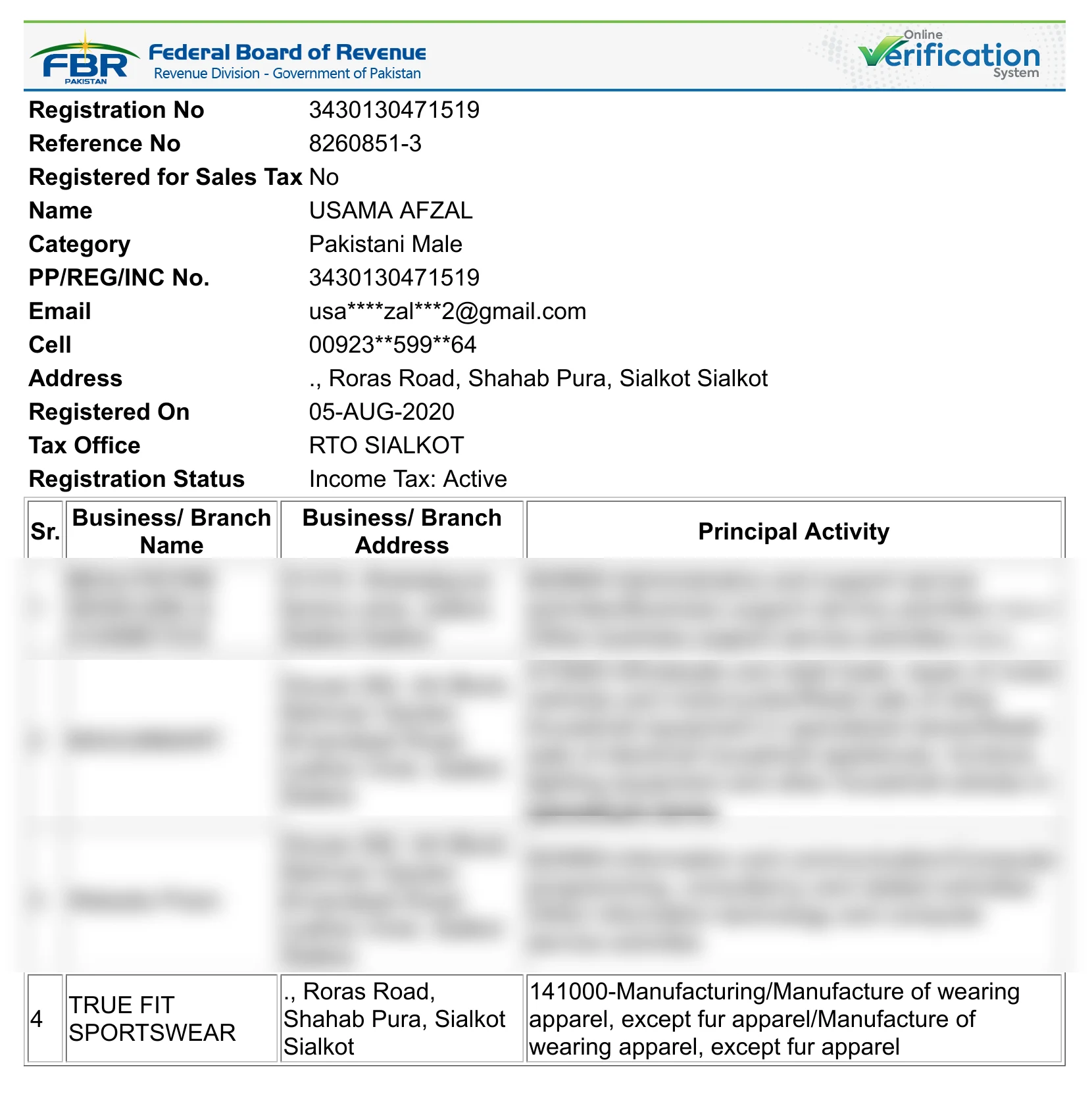 FBR Online Verification System lookup showing NTN 3430130471519, Usama Afzal, with True Fit Sportswear listed as business/branch No. 4