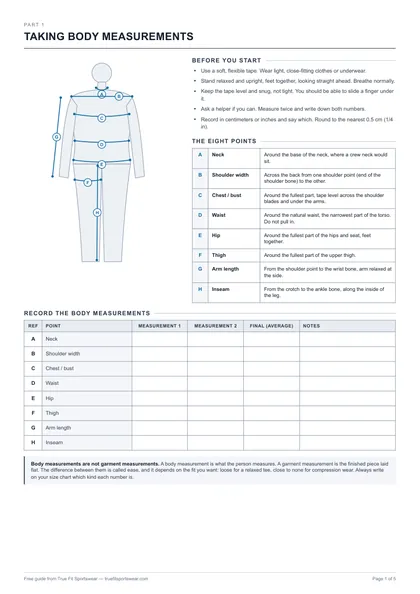 First page of the size and measurement guide PDF with a labeled body figure