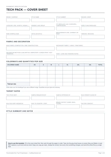 Cover sheet of the free tech pack template PDF