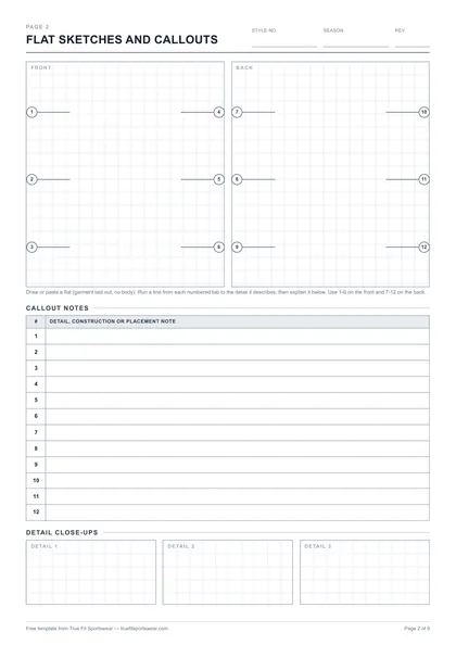Tech pack template page 2, front and back flat sketch boxes with numbered callouts