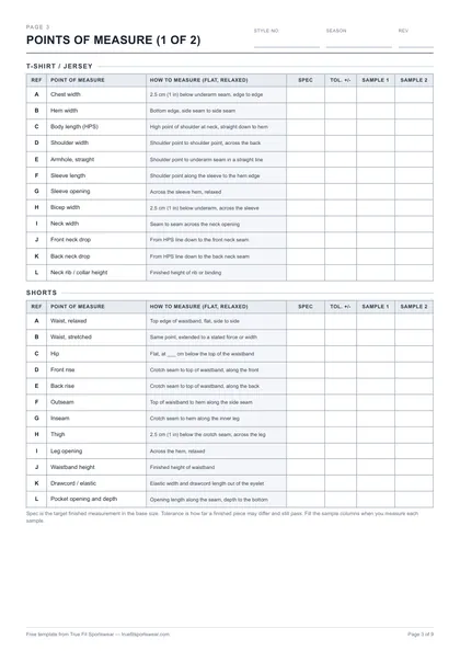 Tech pack template page 3, points of measure table for a t-shirt and shorts
