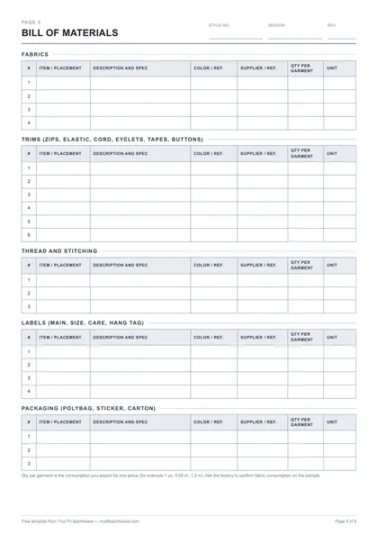 Tech pack template page 5, bill of materials tables for fabric, trims, thread, labels and packaging