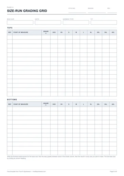 Tech pack template page 8, size-run grading grid from XXS to 4XL