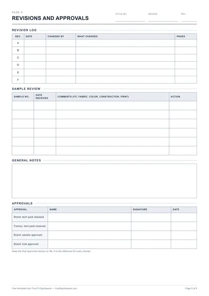 Tech pack template page 9, revision log, sample review and approval lines